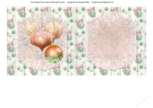 5 x 5 Card Insert Copper Christmas Baubles on Shabby Floral Background, Green/Peach