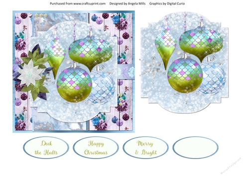 6 x 6 Card Front Christmas Baubles 8 with Topper and Sentiments, Blue/Green