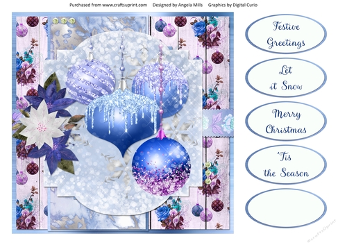 8 x 8 Card Front Midnight Blue/Violet Christmas Baubles 9 with Sentiments