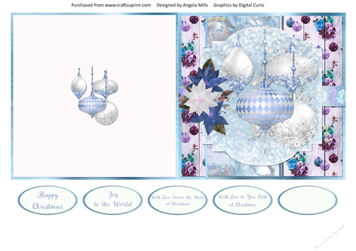 5 x 5 Quick Cut and Fold Card Baby Blue/White Glitter Christmas Baubles 10 with Sentiments