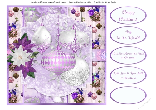 8 x 8 Card Front Lilac/White Glitter Christmas Baubles 12 with Sentiments