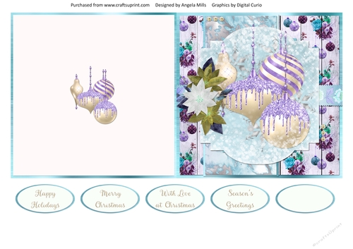 5 x 5 Quick Cut and Fold Card Gold/Lilac Glitter Christmas Baubles 13 with Sentiments