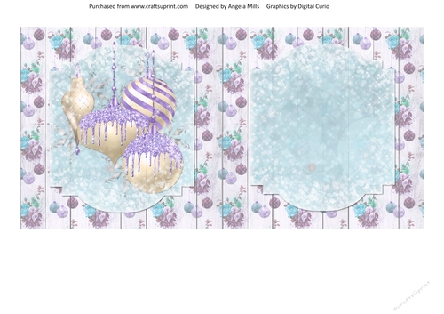 5 x 5 Card Insert Gold/Lilac Glitter Christmas Baubles 13 on Shabby Floral Background, Blank