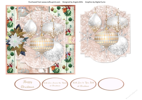 6 x 6 Card Front Christmas Baubles 14 with Topper and Sentiments, Gold/White