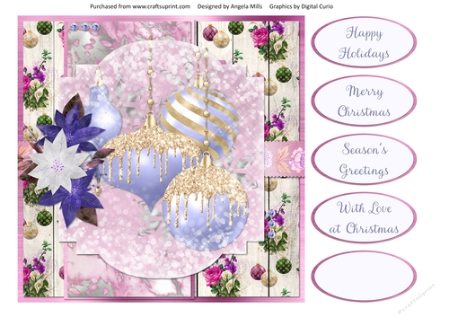 8 x 8 Card Front Lilac/Gold Glitter Christmas Baubles 15 with Sentiments