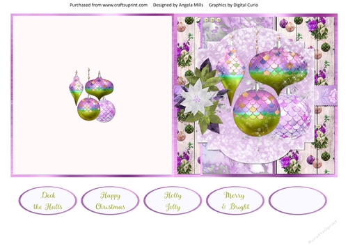 5 x 5 Quick Cut and Fold Card Lilac/Green Glitter Christmas Baubles 16 with Sentiments