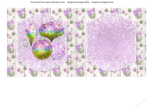 5 x 5 Card Insert Lilac/Green Christmas Baubles 16 on Shabby Floral Background, Blank