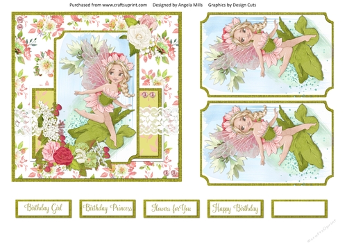 6 x 6 Card Front Fairy Garden 5 with Toppers and Sentiments, Yellow/Green/Pink