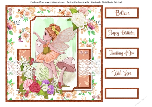 8 x 8 Card Front Fairy Garden 6 with Sentiments, Peach/Green
