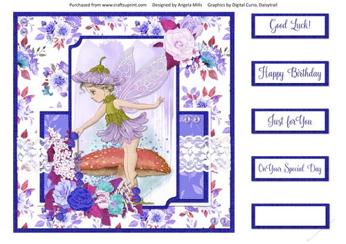 8 x 8 Card Front Fairy Garden 9 with Sentiments, Lavender/Green