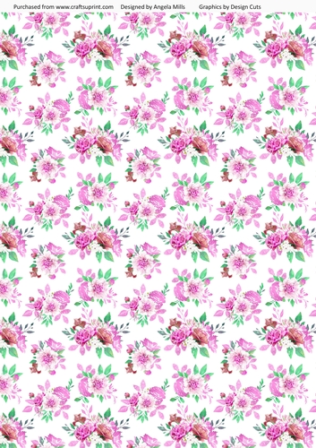 A4 Paper Fairy Garden 8 Pink/Green Watercolour Floral on White Background