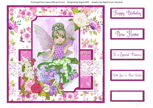 8 x 8 Card Front Fairy Garden 12 with Sentiments, Pink/Green