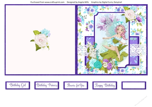 5 x 5 Quick Cut & Fold Card Fairy Garden 13 with Sentiments, Lilac/Aqua