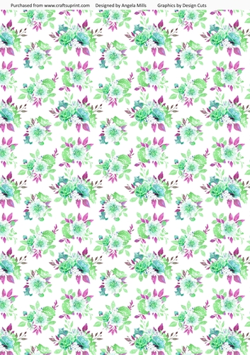 A4 Paper Fairy Garden 11 Aqua/Mint Green/Violet Watercolour Floral on White Background