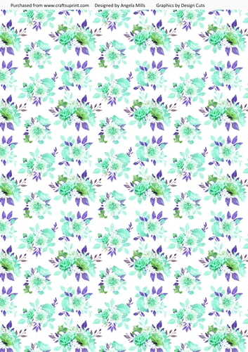 A4 Paper Fairy Garden 13 Aqua/Lilac Watercolour Flowers on White Background