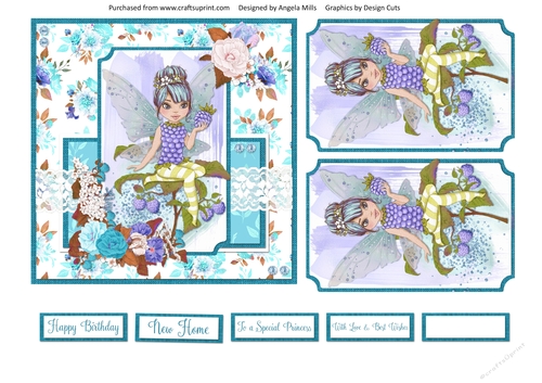 6 x 6 Card Front Fairy Garden 14 with Toppers and Sentiments, Teal/Turquoise