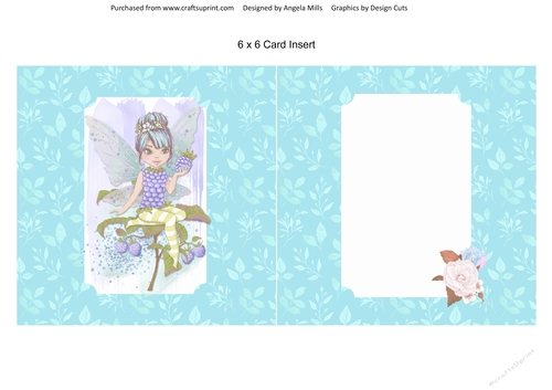 6 x 6 Card Insert Fairy Garden 14 on Turquoise Leaves Background, Blank