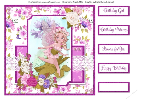 8 x 8 Card Front Fairy Garden 15 with Sentiments, Pink/Green