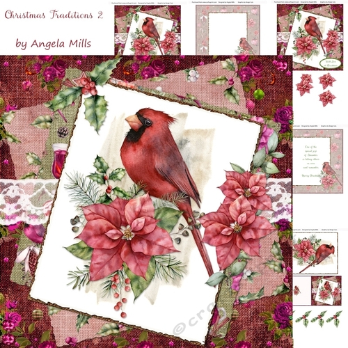 Christmas Traditions 2 Cardinal Bird/Poinsettia 7 x 7 Card Mini Kit, 5 Sheets