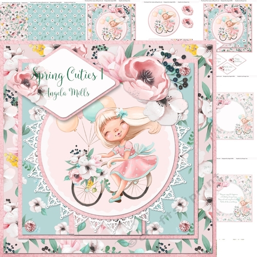Spring Cuties 1 Girl on Bicycle 7x7 Card, 7 Sheets, Pink/Green