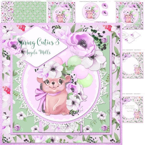 Spring Cuties 3 Floral Hedgehog 7x7 Card, 7 Sheets, Lilac/Green