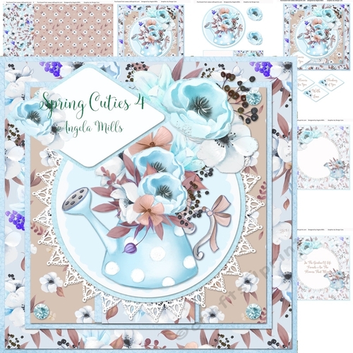 Spring Cuties 4 Floral Watering Can 7x7 Card, 7 Sheets, Blue/Fawn