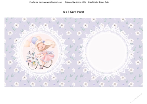 Spring Cuties 5 Girl on Bicycle 6x6 Card Insert, Lilac Floral Background, Blank