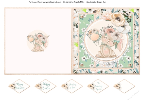 Spring Cuties 9 Floral Bunny 5x5 Cut & Fold Card with Sentiments, Ivory/Green