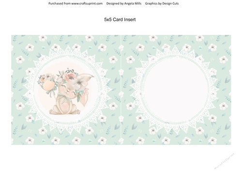 Spring Cuties 9 Floral Bunny 5x5 Card Insert, Green/White Floral Background, Blank