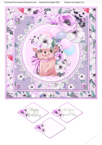 Spring Cuties 13 Floral Hedgehog 8x8 Card Front with Sentiments, Lilac/Violet