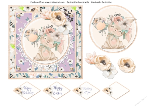 Spring Cuties 8 Floral Bunny 6x6 Card Front with Topper, Decoupage and Sentiments, Lilac/Ivory