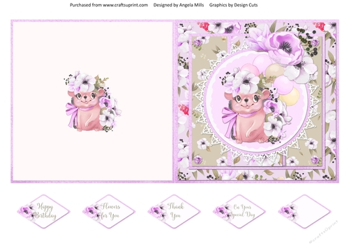 Spring Cuties 12 Floral Hedgehog 5x5 Quick Cut & Fold Card with Sentiments, Lilac/Fawn