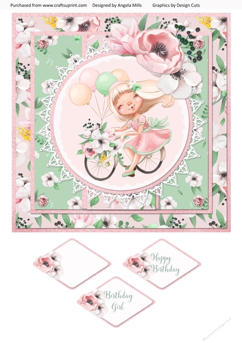 Spring Cuties 7 Floral Girl on Bicycle 8x8 Card Front with Sentiments, Pink/Green