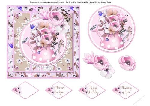 Spring Cuties 14 Floral Watering Can 6 x 6 Card Front, Topper, Decoupage and Sentiments, Pink/Fawn