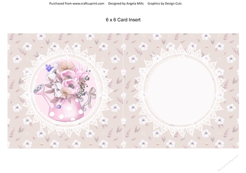 Spring Cuties 14 Floral Watering Can 6 x 6 Card Insert Fawn/White Floral Background, Blank