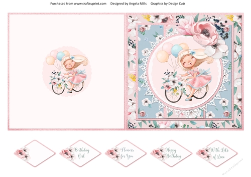 Spring Cuties 6 Girl on Bicycle 5 x 5 Quick Cut & Fold Card with Sentiments, Blue/Pink