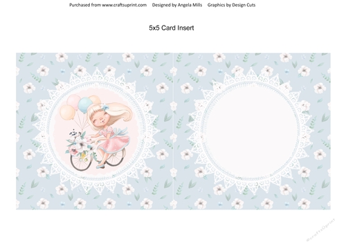 Spring Cuties 6 Girl on Bicycle 5 x 5 Card Insert, Blue/White Lace/Floral Background, Blank