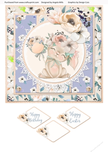 Spring Cuties 10 Floral Bunny 8 x 8 Card Front with Sentiments, Violet/Ivory