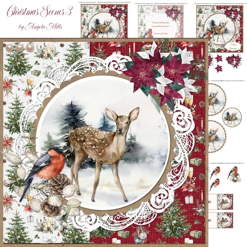 Christmas Scenes 3 Snowy Faun & Bullfinch 7x7 Card Mini-Kit, 6 Sheets