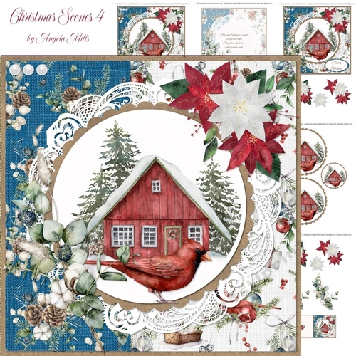 Christmas Scenes 4 Snowy Cottage & Cardinal Bird 7x7 Card Mini-Kit, 6 Sheets