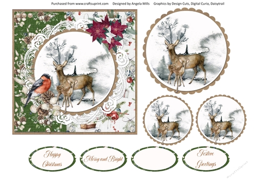 Christmas Scenes 6 Snowy Doe, Faun & Bullfinch 6 x 6 Card Front with Toppers and Sentiments