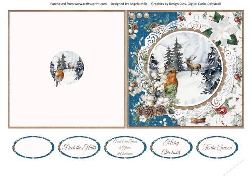 Christmas Scenes 7 Snowy Robin 5 x 5 Quick Cut & Fold Card with Sentiments