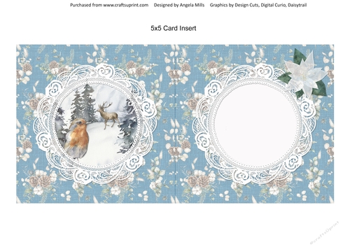 Christmas Scenes 7 Snowy Robin 5 x 5 Card Insert, Blue Winter Floral Background, Blank