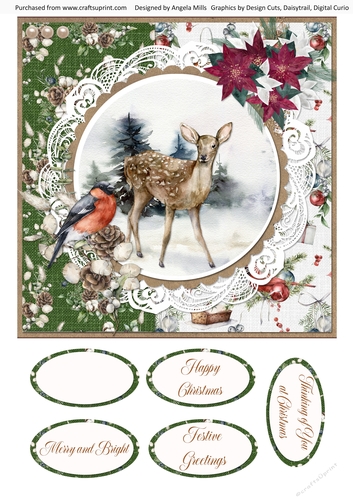 Christmas Scenes 8 Snowy Bullfinch & Faun 8 x 8 Card Front with Sentments