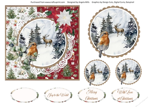 Christmas Scenes 9 Snowy Robin 6 x 6 Card Front with Toppers & Sentiments, Red/White