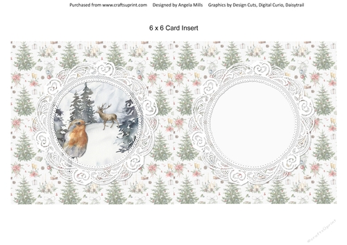 Christmas Scenes 9 Snowy Robin 6 x 6 Card Insert, Green/White Christmas Tree Background