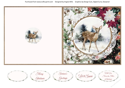 Christmas Scenes 10 Snowy Faun 5 x 5 Quick Cut & Fold Card with Sentiments