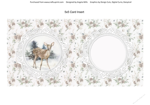 Christmas Scenes 10 Snowy Faun 5 x 5 Card Insert, Winter Greenery/White Background