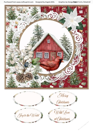 Christmas Scenes 11 Snowy Cottage & Red Cardinal 8 x 8 Card Front with Sentiments
