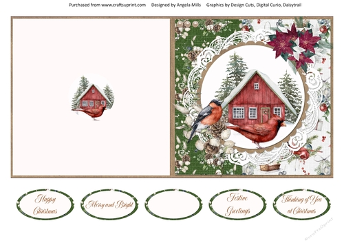 Christmas Scenes 13 Snowy Cottage & Red Cardinal 5 x 5 Cut & Fold Card with Sentiments, Green/Red/White